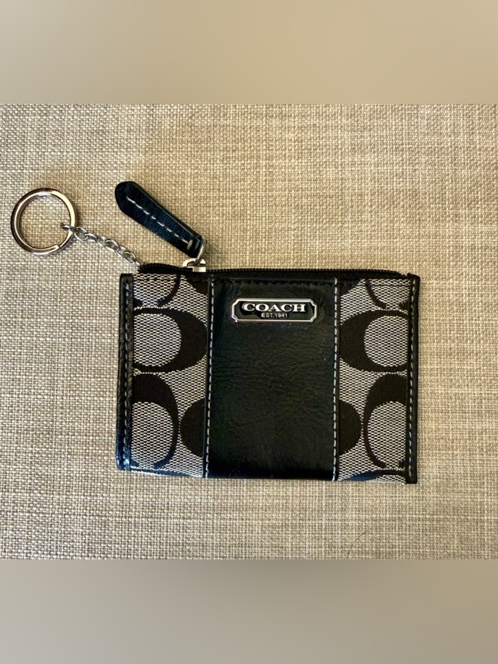 Coach Black and Gray Signature Canvas Card Case with Key Chain